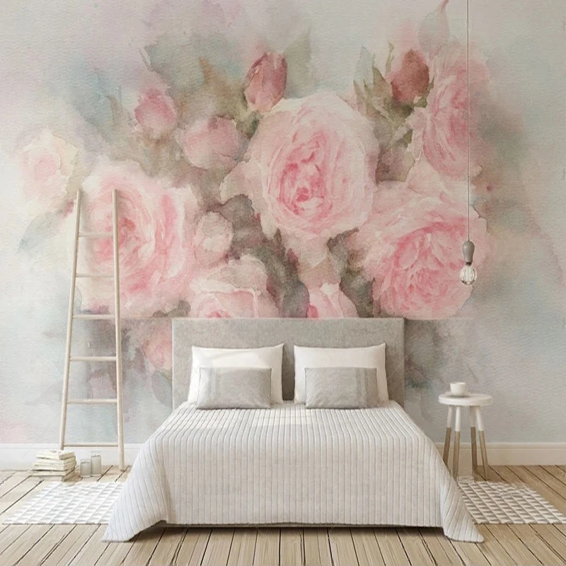 

MU8712 Beautiful pink hand-painted watercolor rose TV background wall for wedding room decoration