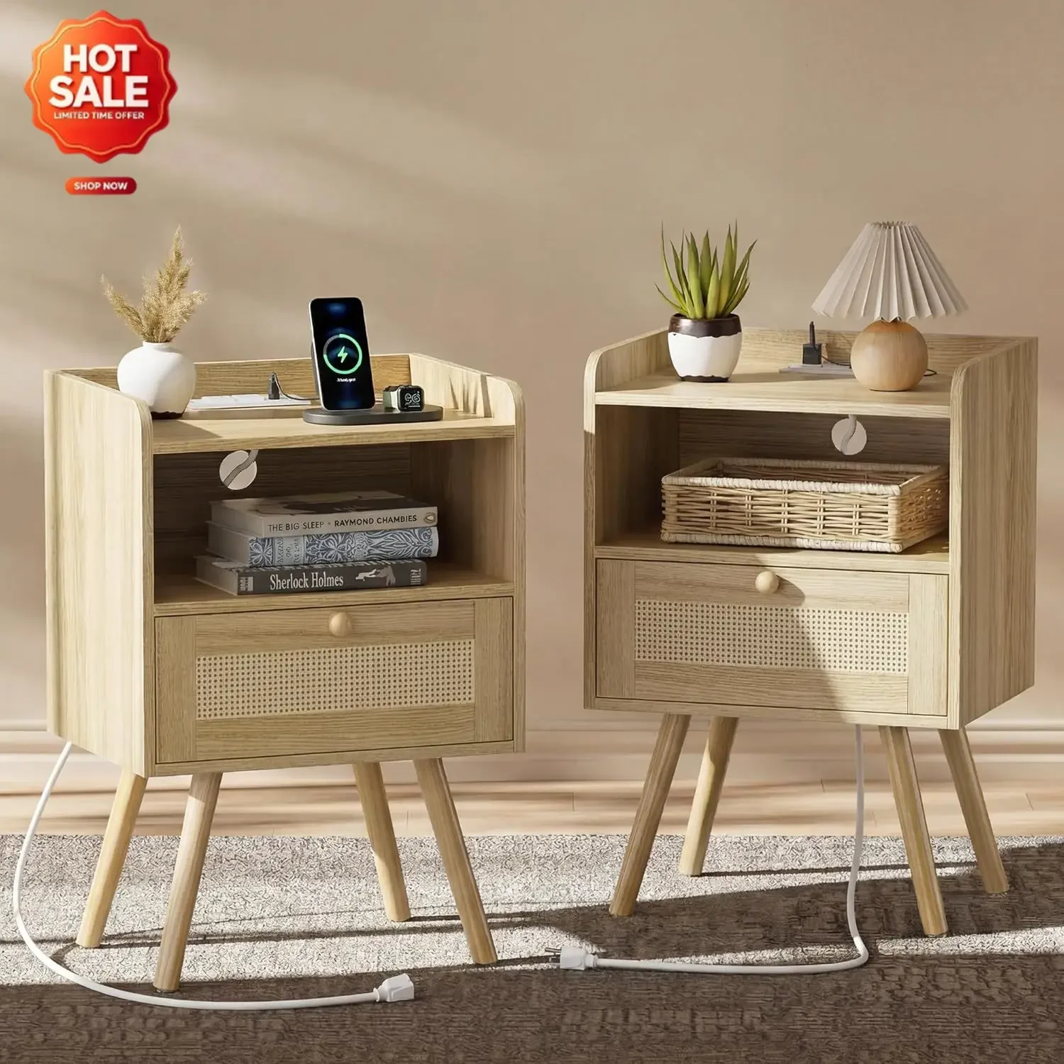 Nightstands Set of 2, Night Stands with Charging Station, Natural | Bed Side Tables with PE Rattan Decor Drawer & Solid Wood Fee