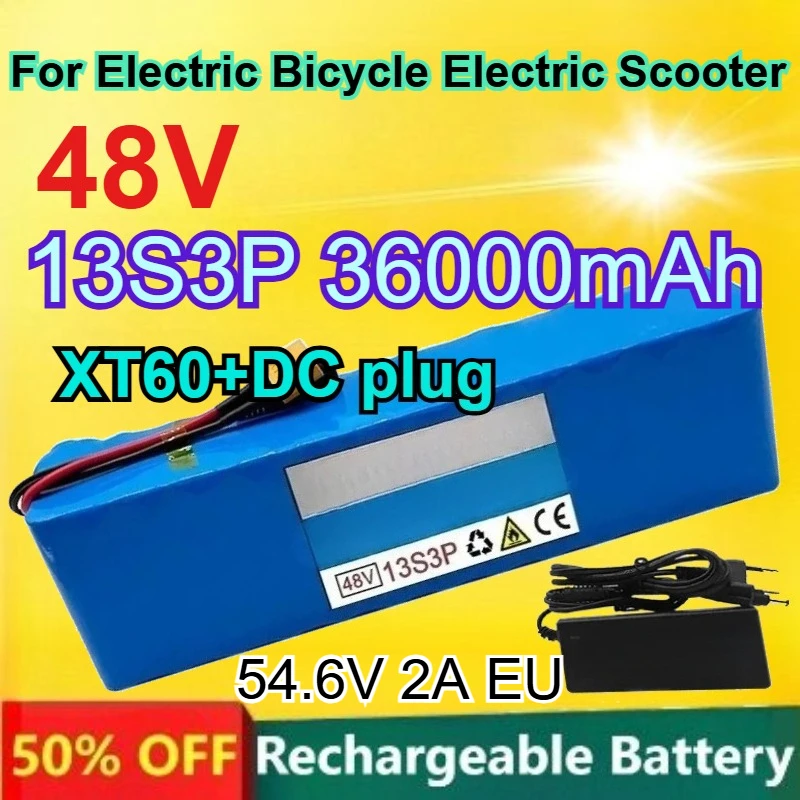 

18650 48V Rechargeable Lithium Battery +EU Charger for Electric Bicycle Electric Scooter Battery 13S3P 36000mAh Capacity