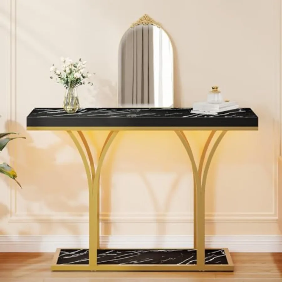 

Gold LED Lit Modern 39-Inch Wide Console Table - Narrow Marble Top Foyer Furniture for Entryway, Hallway and Living Room Accent