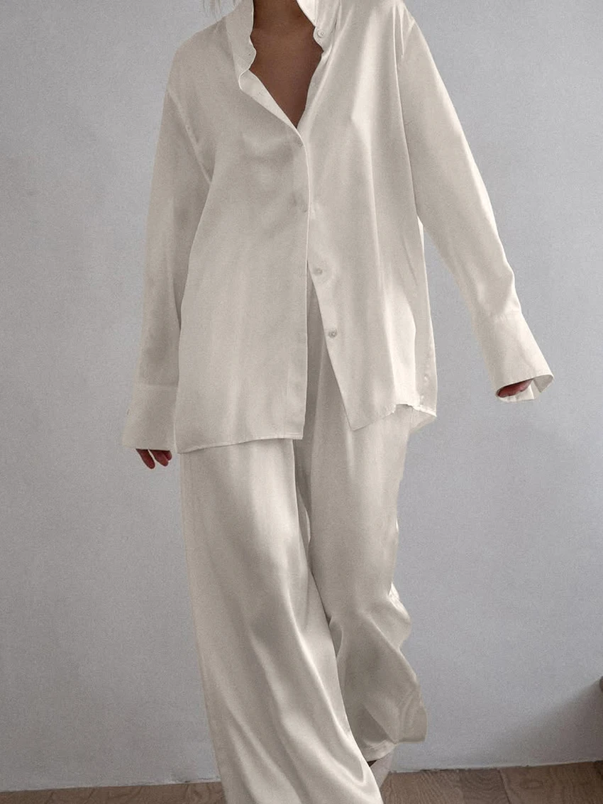 Marthaqiqi Loose Female Nightgowns Set Turn-Down Collar Sleepwear Long Sleeve Nightwear Pants Casual Women Pajamas 2 Piece Suits