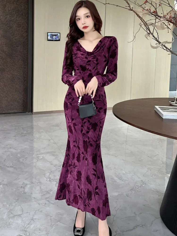 Herbst Winter Lila Samt Floral Luxus Lange Kleid Frauen Koreanische Vintage Fesitval Party Kleid 2024 Elegante Bodycon Nacht Kleid