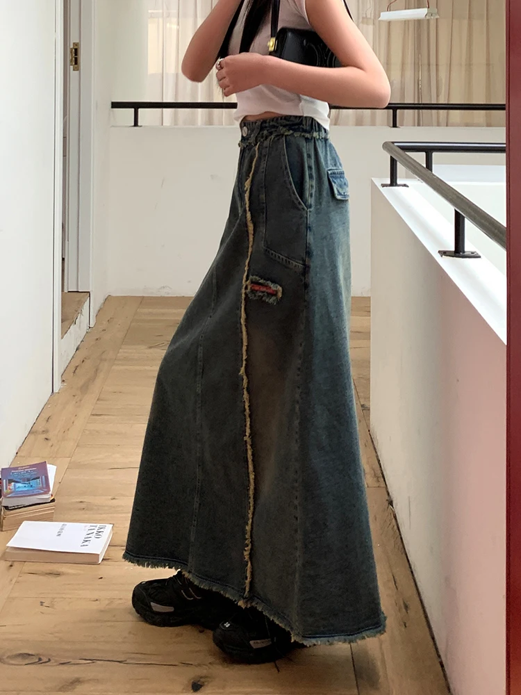 Vintage Jeans Skirts Women High Waist Tassel Ripped Denim Skirts Female 2024 New Casual Pocket Straight Zipper Long Skirts
