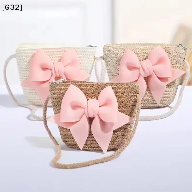 Bow Straw Shoulder Bags Baby Girls Handmade Woven Crossbody Bag Princess Kids Messenger Bags Mini Coin Purse Beach Handbags【G32】