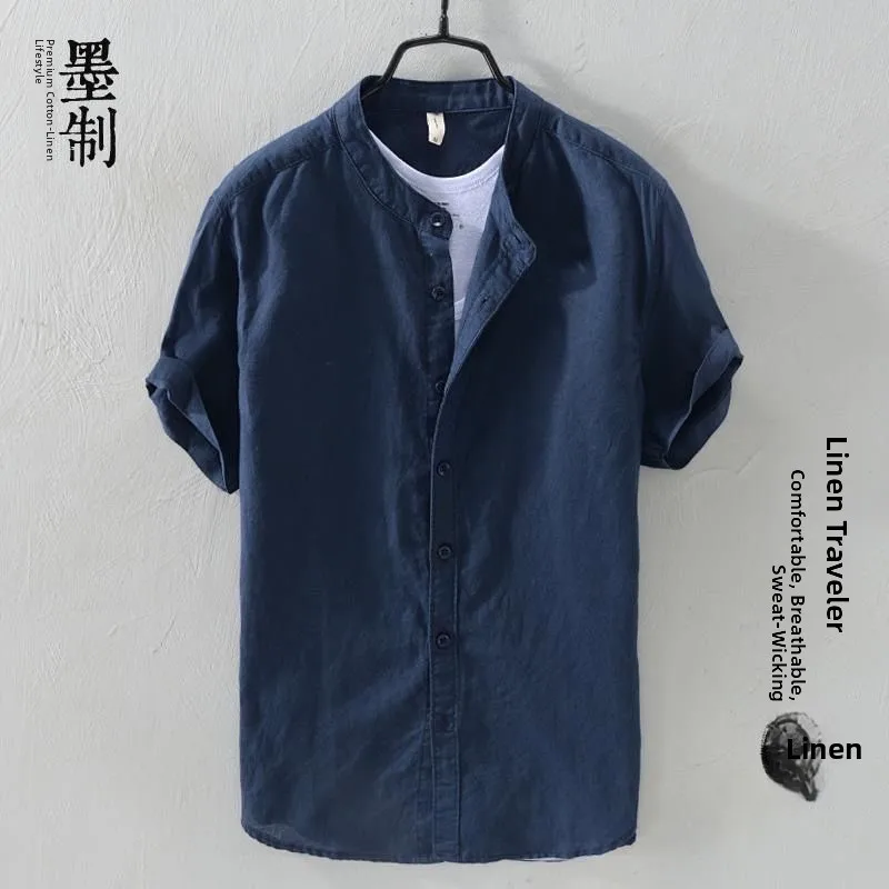 

Blue Cotton Linen Men's Shirt Stand Collar Slim Short Sleeve Pleated Linen Breathable Casual Workwear Short Shirt