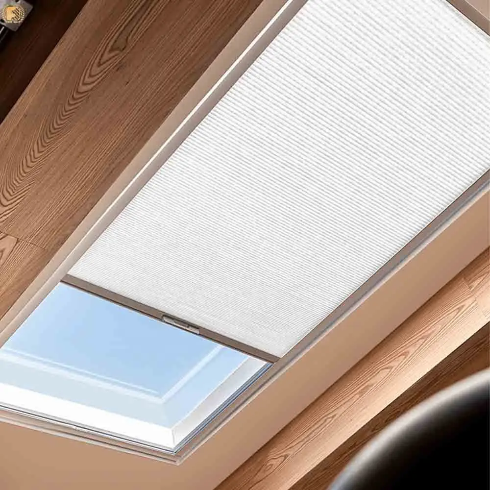 Control skylight glare & heat. Motorized honeycomb cellular blinds. Half blackout & waterproof. Thermal insulation. Custom made