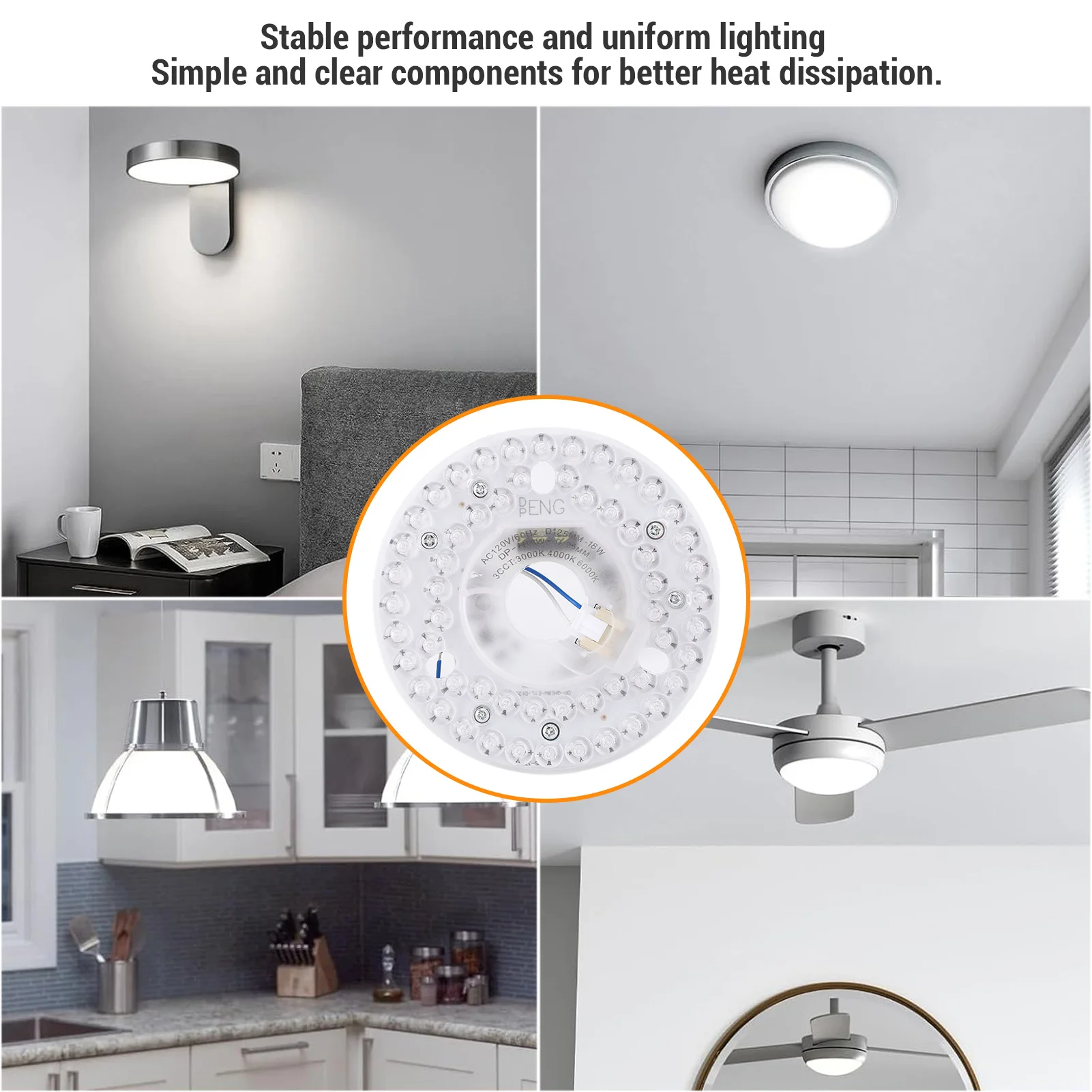 Ventilador de techo Luz LED 3CCT 3000K 4000K 6000K Panel de repuesto de luz de ventilador de techo 18W Ahorro de energía 3 colores regulables para el hogar