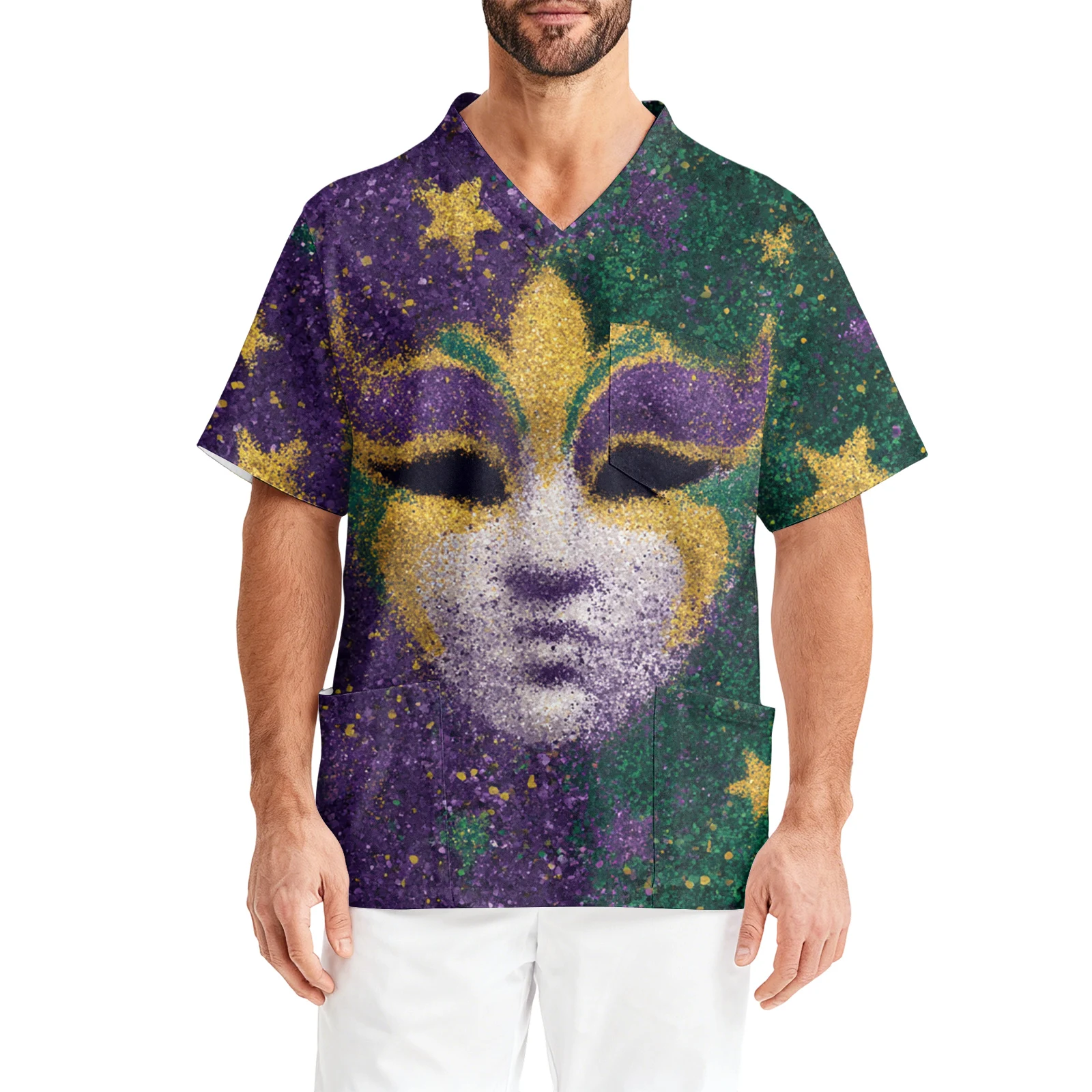 

V-Neck Short Sleeved Nurse Uniform Carnival Printed Nurse Uniform Pocket Caregiver Jacket Men'S Short Sleeved Shirt