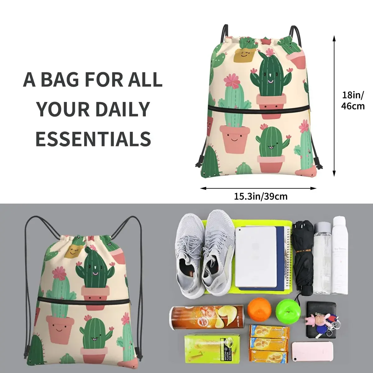 Cute Cactus Portable Backpacks Drawstring Bag Casual Drawstring Bundle Pocket Book Bags For Travel Sport Man Woman