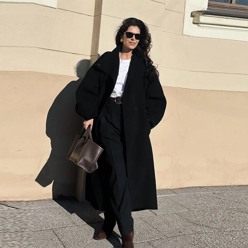 2026 New Women Spring Stand Up Collar Woolen Blend Oversized Coat Batwing Sleeve Winter Warm Coat chic Elegant Lady Outerwears