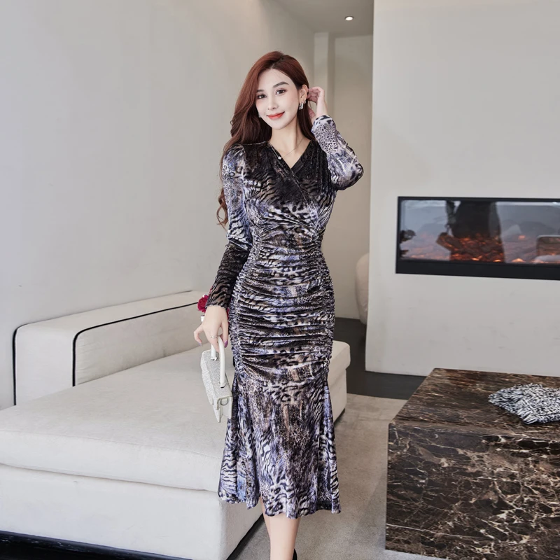 

Leopard Print Dress Fish Tail Black Dresses V Neck Long Sleeves Frocks for Women Dreeses Woman Clothes Autumn/winter 2022 Ladies