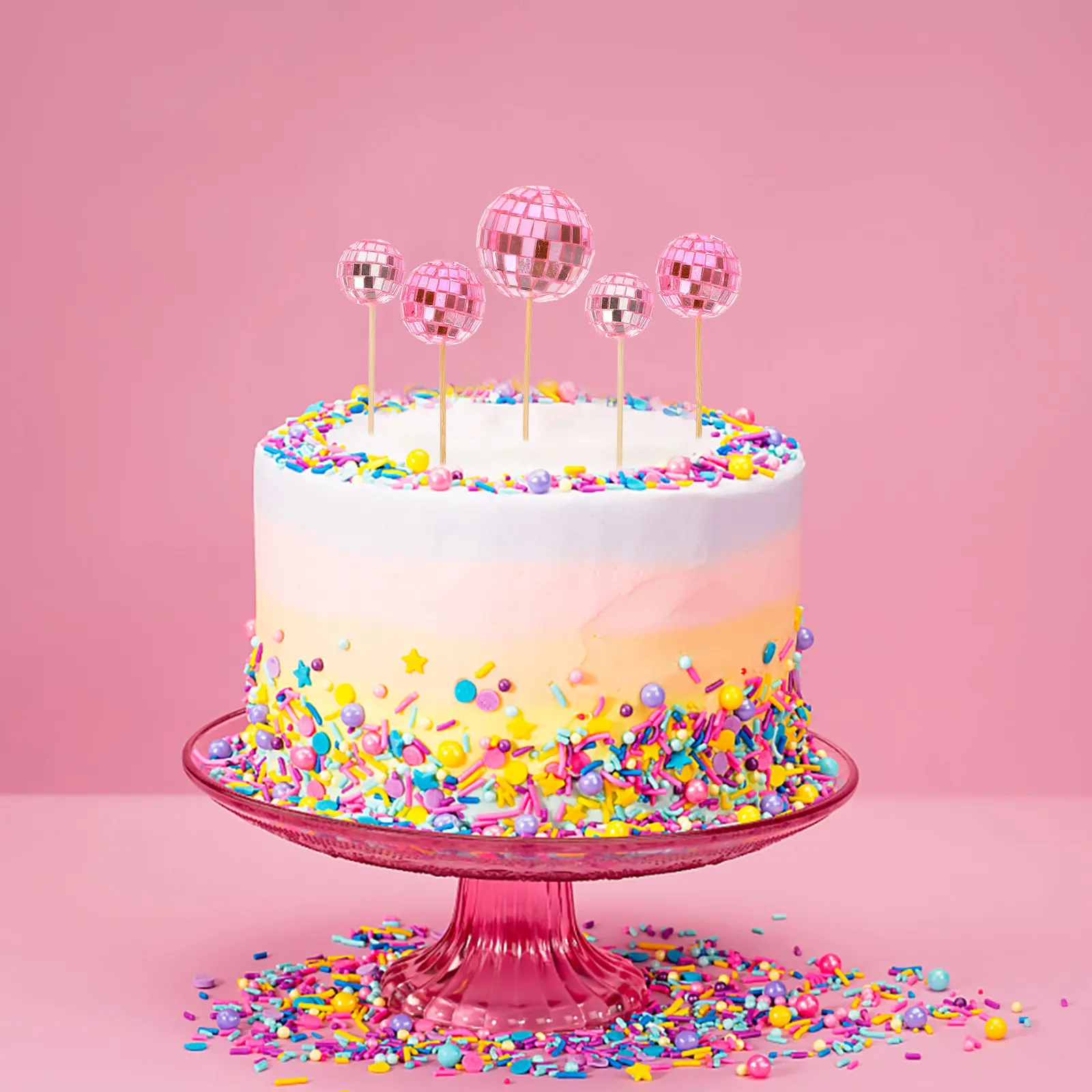 24Pcs Disco Mirror Ball Cake Toppers – Food-Safe Foam Cupcake Picks for Birthday Wedding Party Decor