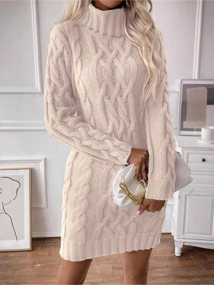 Winter Clothes Woman Pulls Femmes High Neck Vestidos Slim Fit Sweater Knitted Long Sleeve Dress All-match Simple Style Commuting