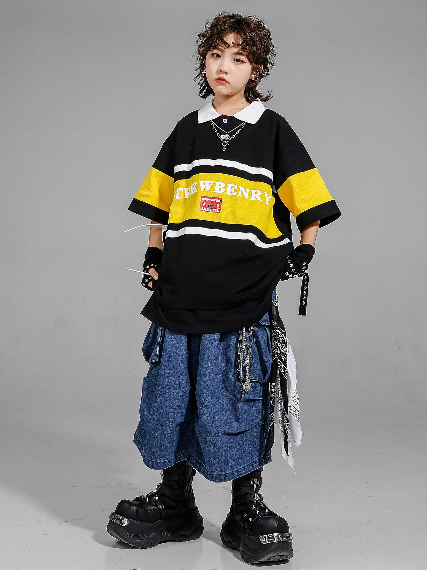 키즈 팀 의류 힙합 의류 소년 스트리트 댄스 재즈 댄스 의상 티셔츠 반바지 정장 무대 복장 Catwalk Wear DQL10970