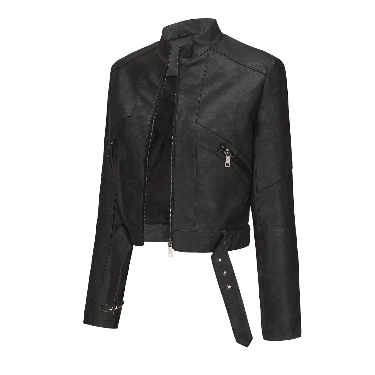 Motorcycle Style Leather Jacket for Women, Belt and Zipper, Short Style, Sexy Outdoor Jacket, Spring and Autumn, 24 New