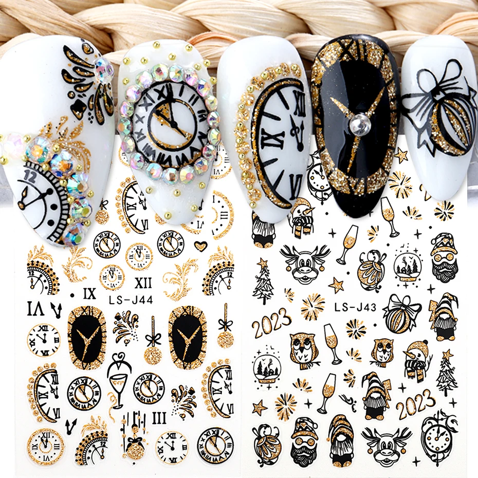 New Year 2023 Clock Nails Sticker Gold Shiny Glitter Luxurious Watch Countdown Festive Winter Festival Manicure Decal Tip LS-J44