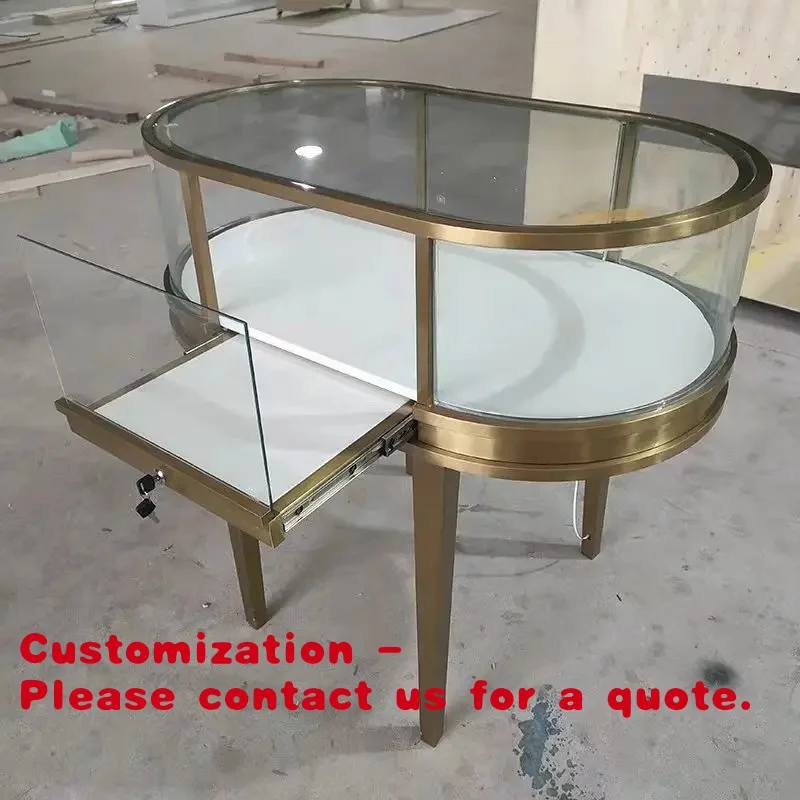 Customize.Jewelry Shop Decor Design Stainless Steel Glass Display Cabinet Jewellery Store Furniture Curved Jewelry Showcase Disp