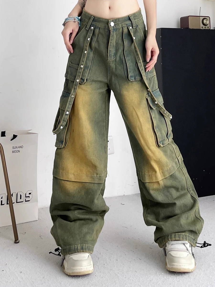 RORORIRI Punk Studded Belt Cargo Jeans Women Do Old Pockets Parachute Wide Leg High Rise Baggy Jeans Female Trousers Streetwear