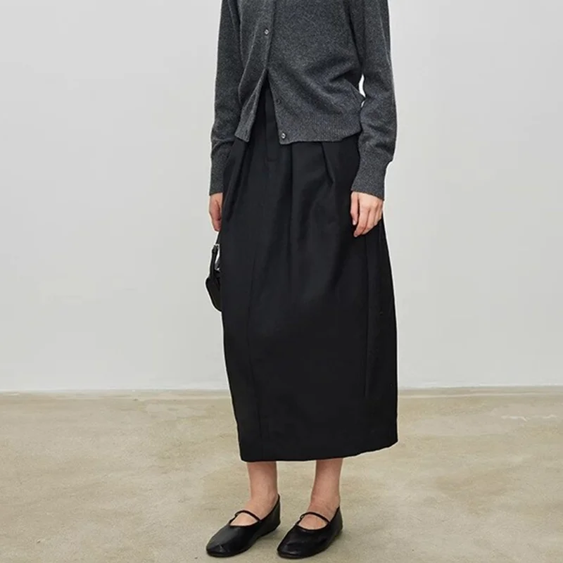 กระโปรงทรงเอวสูงจีบสีดำสไตล์มินิมอลแบบฝรั่งเศสของเจนนี่แอนด์เดฟ  ชุดสูทผ้าขนสัตว์สำหรับผู้หญิง  กระโปรงทรงหรูหรา