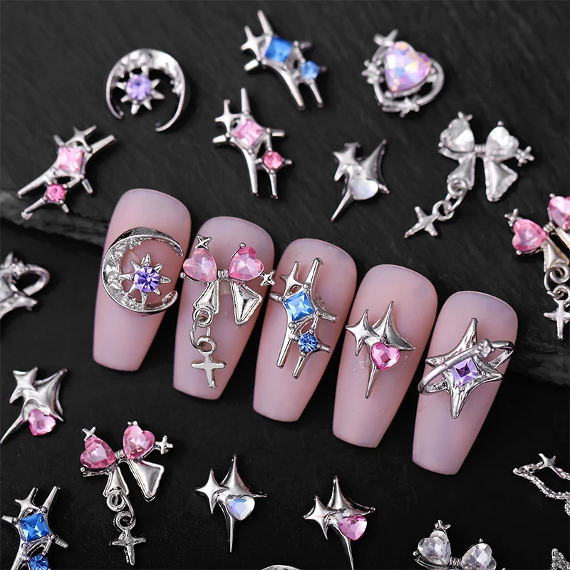5/10 sztuk Manicure Metal srebrny różowy niebieski fioletowy serce motyl dżetów 3D ozdoby do paznokci DIY Nail Art Charms akcesoria