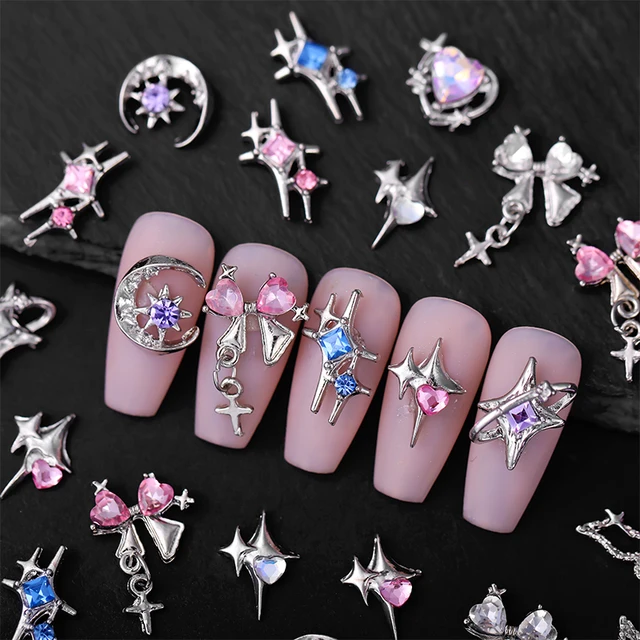 5/10 sztuk Manicure Metal srebrny różowy niebieski fioletowy serce motyl dżetów 3D ozdoby do paznokci DIY Nail Art Charms akcesoria
