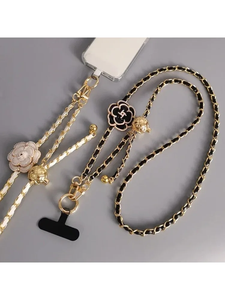 Lanière de téléphone portable, boule ronde, boucle télescopique, chaîne de ramassage camélia, sac de cou, chaîne en métal pour Mobile