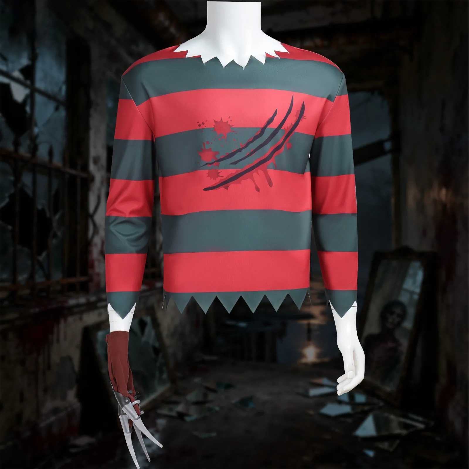 Adults Freddy Krueger Cosplay Halloween Costume Red Black Stripes Dress Top With Hat Gloves With Sharp Claws Set for Women Men - view 2