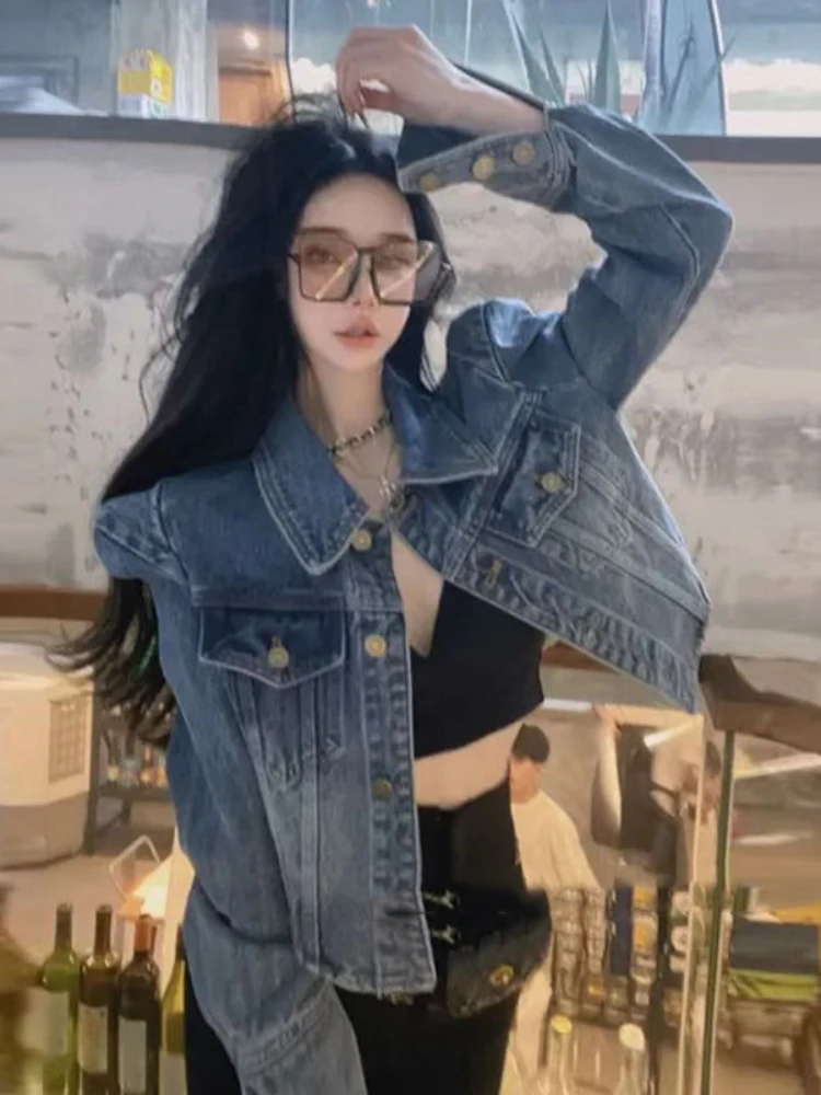 American Vintage Cropped Jackets Women Denim Chic Design Hip Hop Streetwear Young Slim Outwear Long Sleeve New Spring Popular