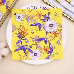 Food Grade Colourful Printed Napkins Yellow Floral Patterned Tissue Paper Dessert Table Decoration Paper 20pcs Napkins Decoupage