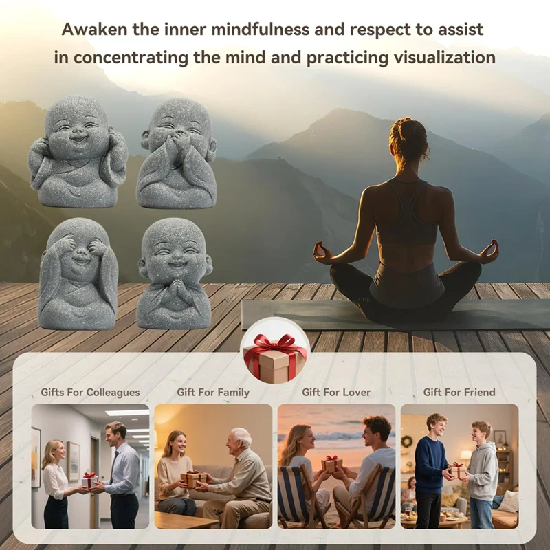 4PCS Laughing Buddha Statue for Good Luck Feng Shui Decor,Cute Small Sandstone Buddha Statue for Home and Aquarium Decor view 6