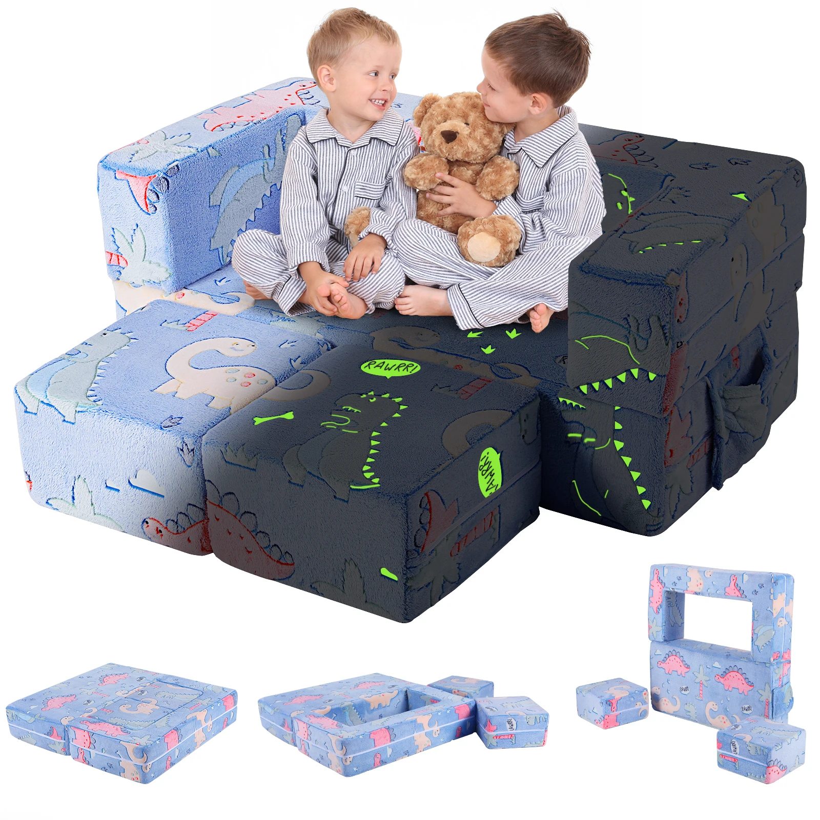 Kids Sofa Couch, Modular Toddler Couch Dinosaur Glow in Dark, Fold Out Play Plush Foam Chair w/ 2 Ottomans 1 Side Pocket