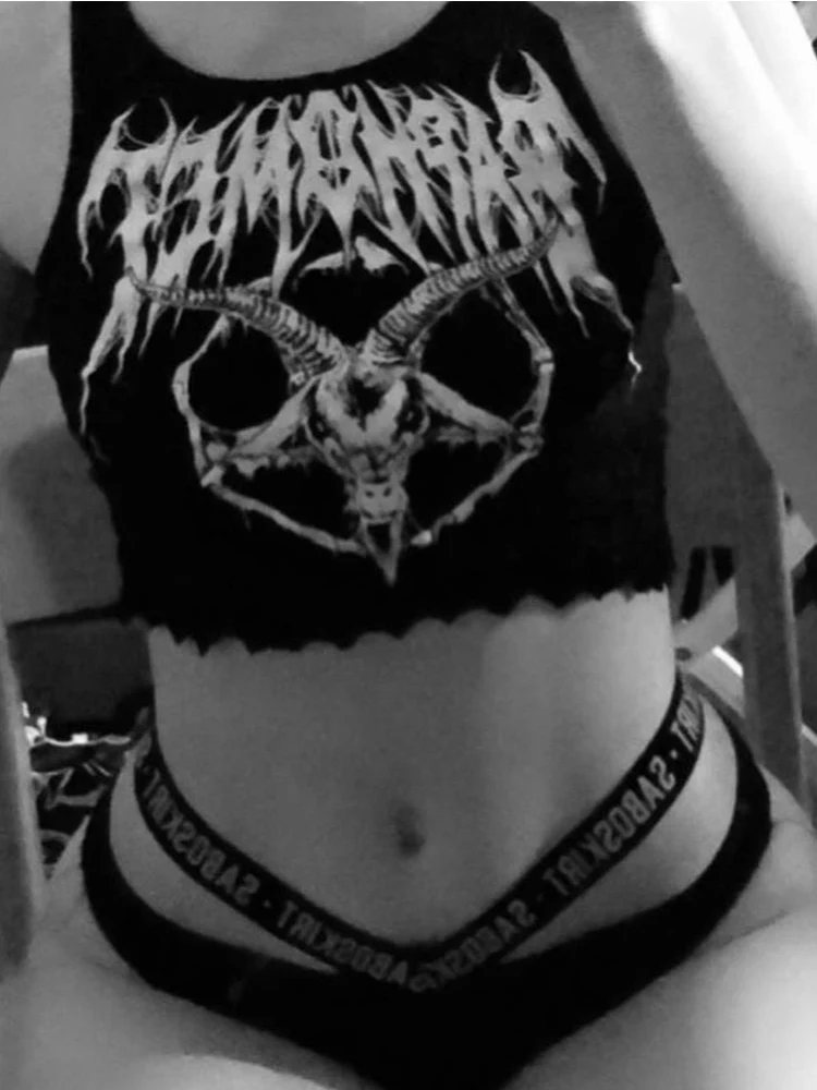 Gothic Knitted Punk Black Tank Tops Mall Goth Grunge Goat Print Harajuku Women Crop Tops Skinny Sleeveless Streetwear