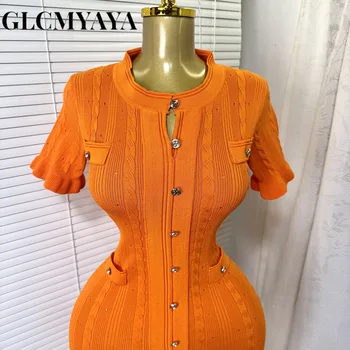 GLCMYAYA Women Single Breasted O-neck Short Sleeve Knit Ribbed Bodycon Midi Dress 2025 Vacation Sexy Party Club Vestidos Dresses 5