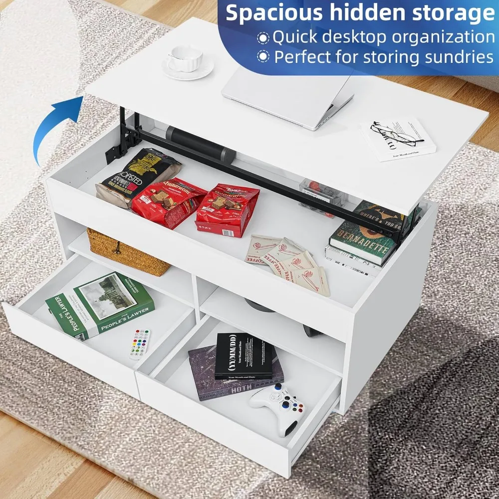 LED Coffee Table with Lift Top Morden Coffee Table with Storage High Gloss White Sofa Table for Living Room Center Tables Hidden