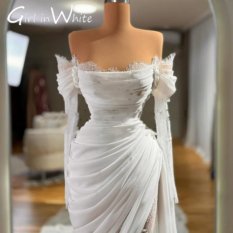 Barco pescoço sereia vestidos de casamento chiffon fora do ombro manga longa renda vestido de noiva 2025 vestidos de baile de casamento à noite personalizado