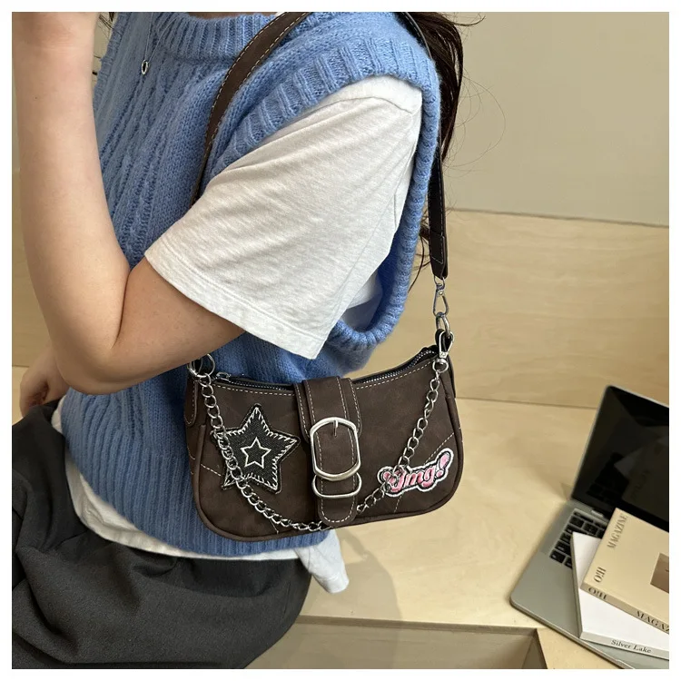 Y2k Star Embroidery Cool Girls Shoulder Underarm Bags Vintage Thread Design Women Chain Crossbody Bag Portable Female Handbag