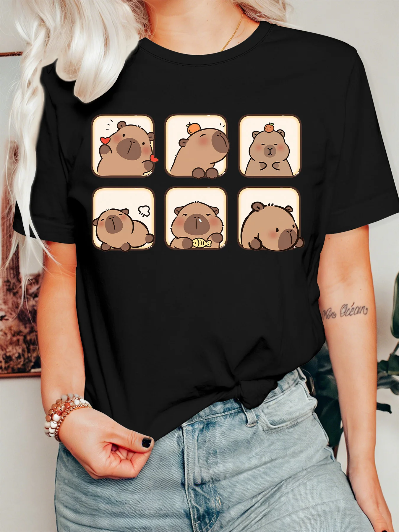 Cute Six Square Capybara Collection Womens T Shirt Varied Mood Animal Cartoon Graphic Tee Short Sleeve Casual Daily Ladies Tops