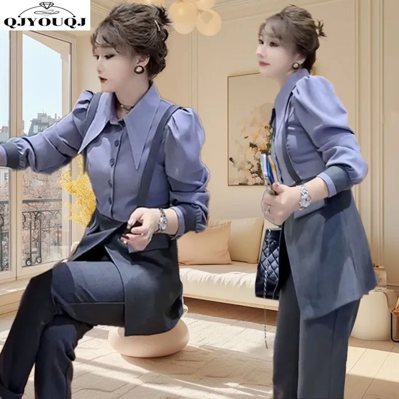 Autumn new design inspired two-piece shirt top+fashionable slim fit pants set