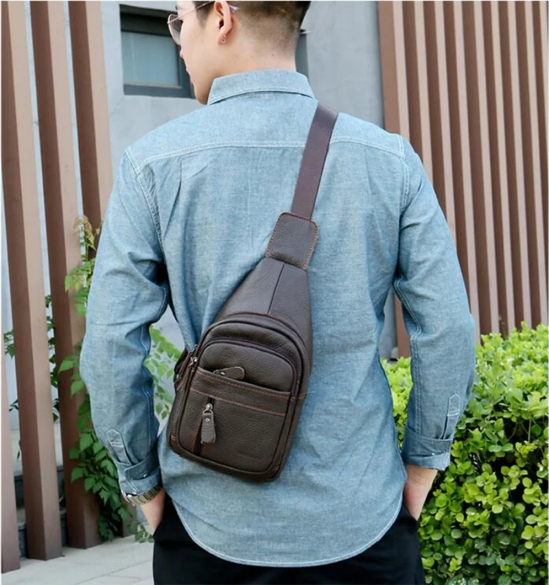 

2024 Men High Quality Cow Leather Casual Triangle Crossbody Chest Sling Bag Design Travel One Shoulder Bag Daypack Male