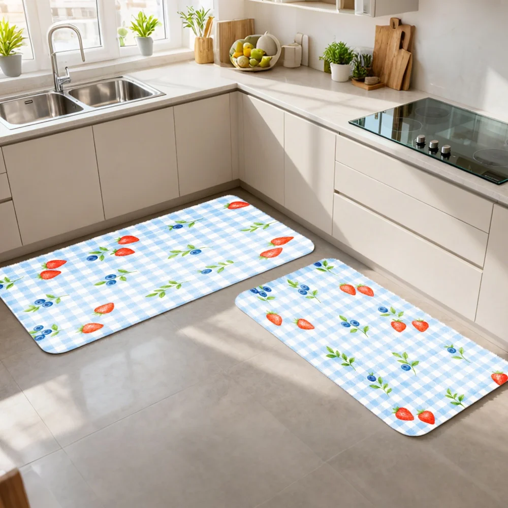 3PCS Mat Set,  Home Decoration for Front Door, Kitchen,  Blue Checkered Strawberry And Berry Pattern Kitchen Rug.