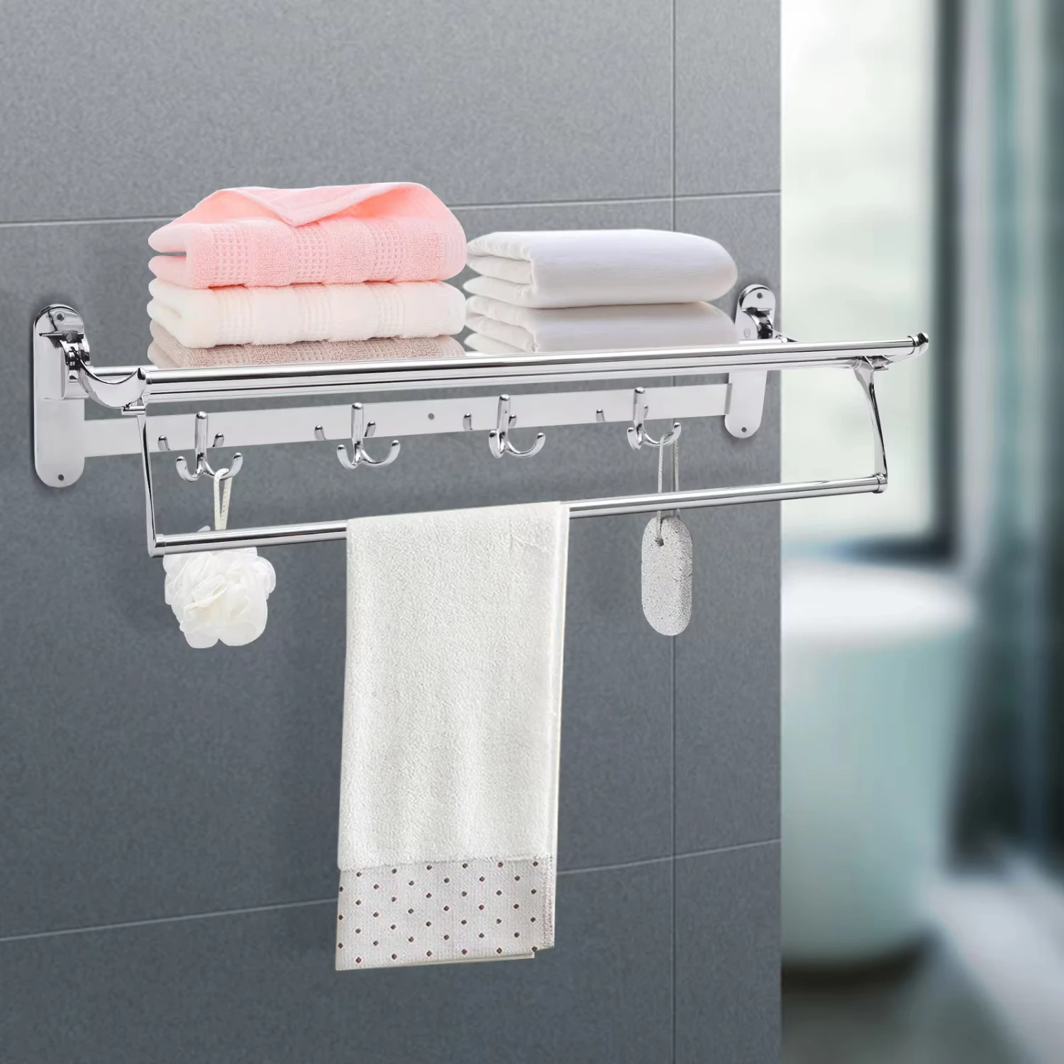 

Towel Racks Bathroom Shelf with Foldable Towel Holder and Wall Mounted Multifunctional Racks
