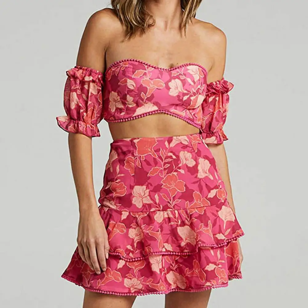 1 Set Crop Top Skirt Floral Print Ruffles Puff Sleeves Off Shoulder Summer Slim-fitting Pleats Skirt Suit Streetwear