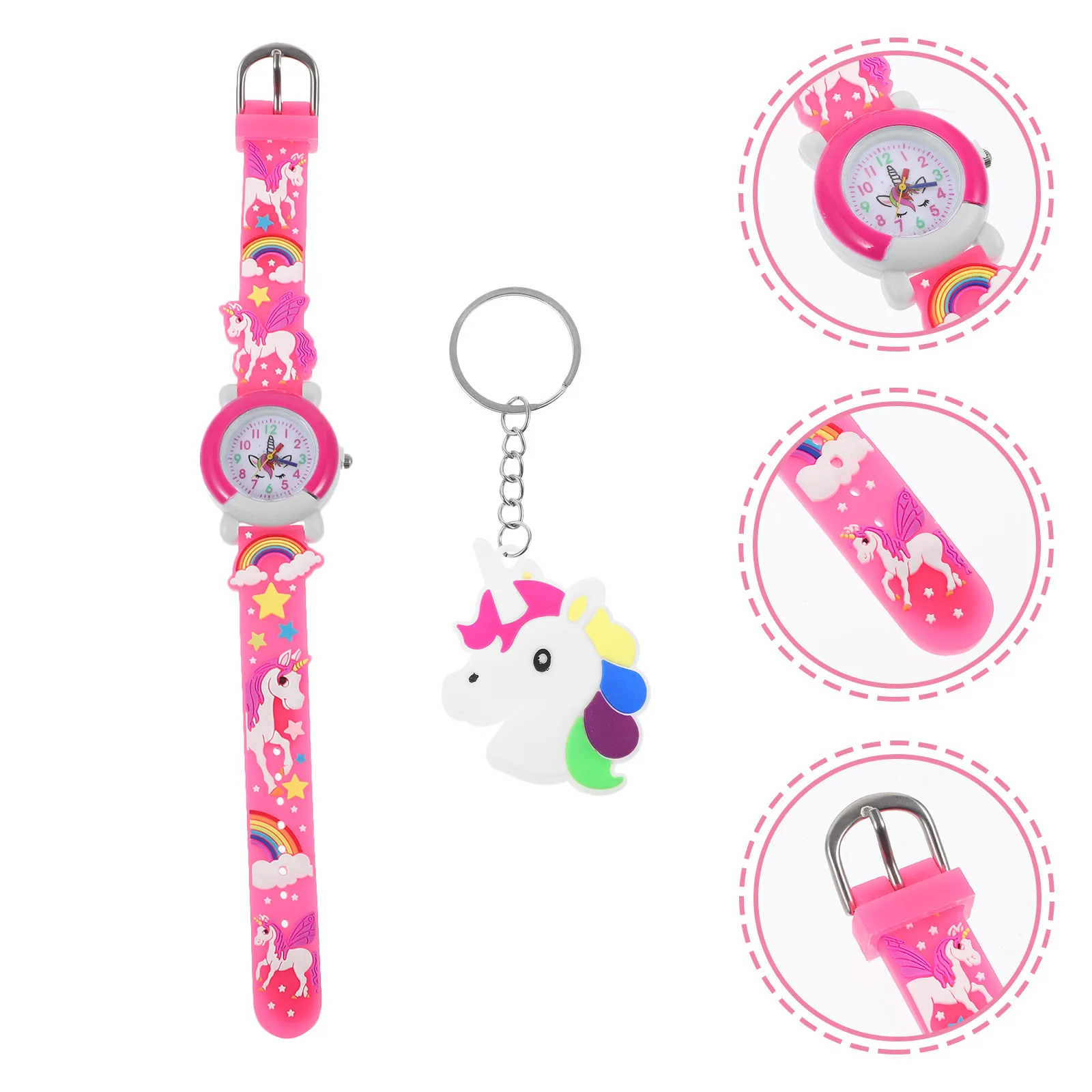 

1 комплект, набор милых часов с мультяшным единорогом, портативные часы-брелок, легкие, маленькие, многофункциональные