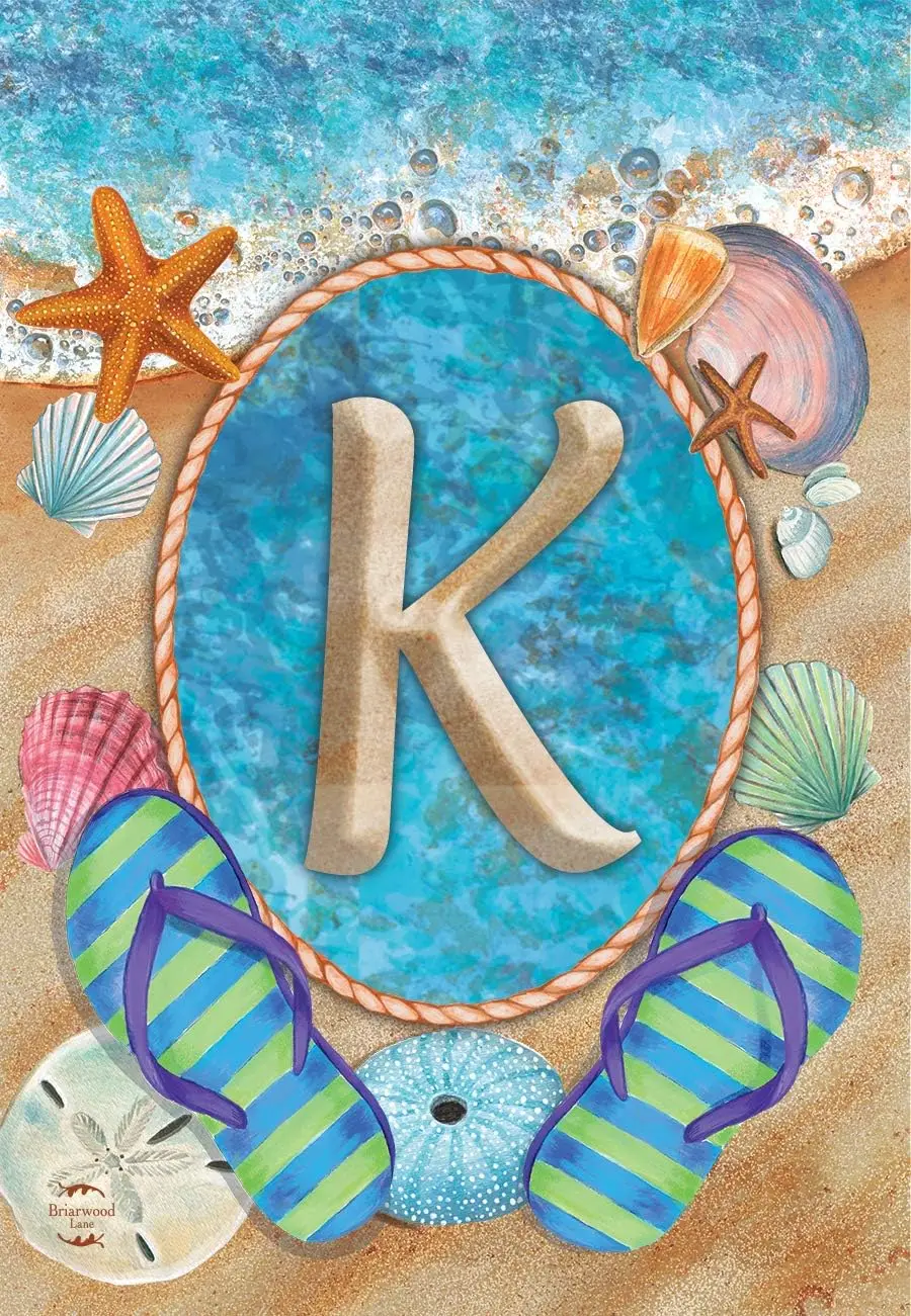 Summer Monogram Letter K Garden Flag Flip Flops Seashells