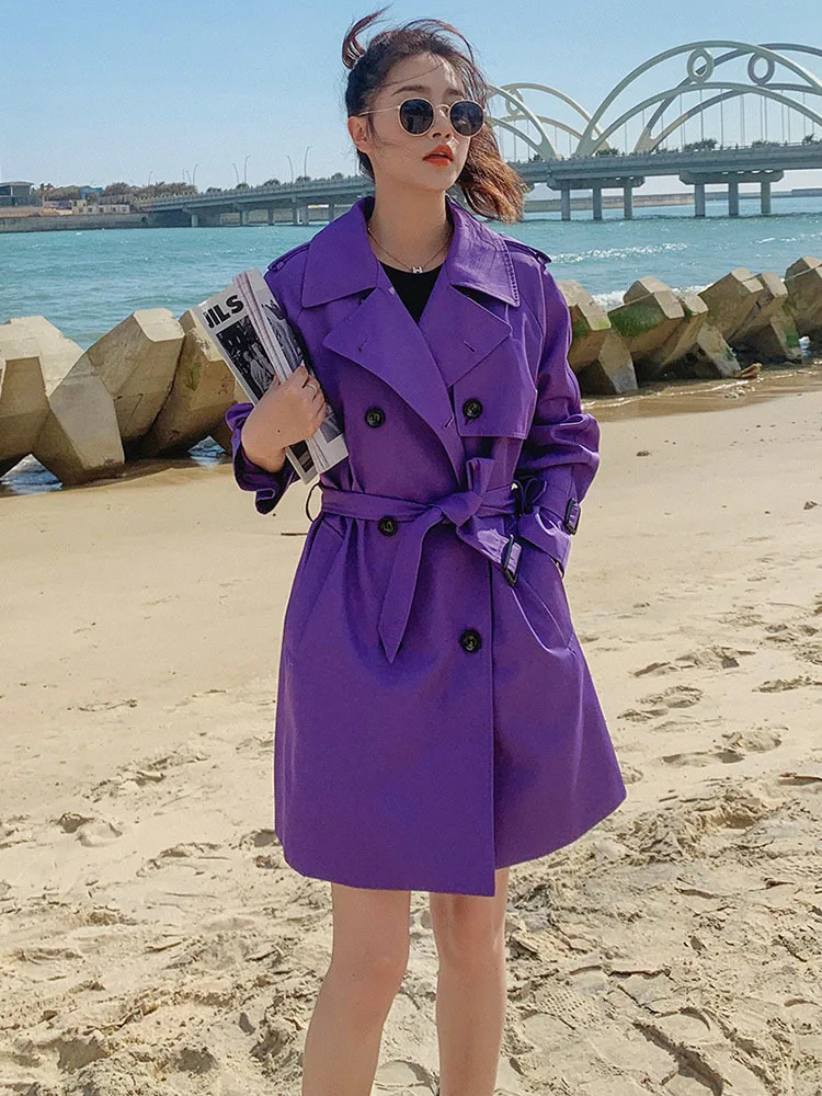 Purple Trench Coat For Women 2023 Autumn New Lapel Double Breasted Fashion Windbreaker Female Streetwear Clothes