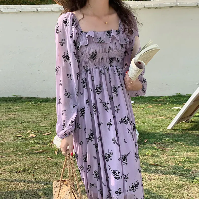 Vestido Retro Chic de manga larga con estampado Floral otoñal para mujer, falda empalmada con cuello cuad y manga de burb...