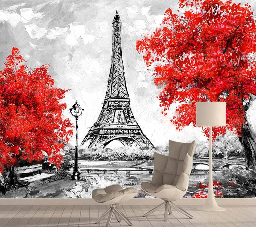Customized products Photo Wallpaper Home Decor Living room TV background wall grey Eiffel City Mural bedroom Red Tree restaurant