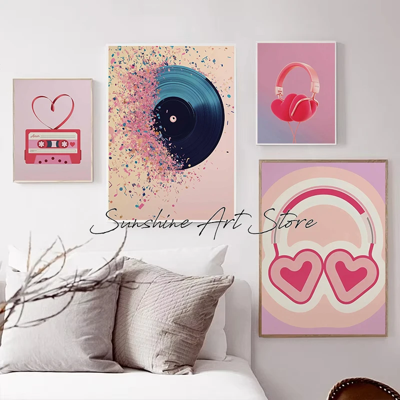 Pink Girly Music Heart Headphones Cassette Tape Record Player DJ Squirrel Retro Music Poster Canvas Painting Wall Pictures Decor