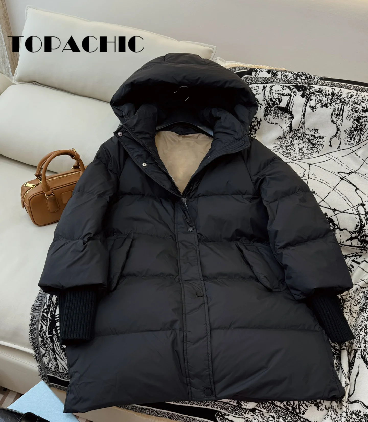 9.5 TOPACHIC-Women Winter New Hooded Zipper Mid-Length Down Jacket Ribbed Knit Cuff Spliced Long Sleeve Loose Down Outerwear