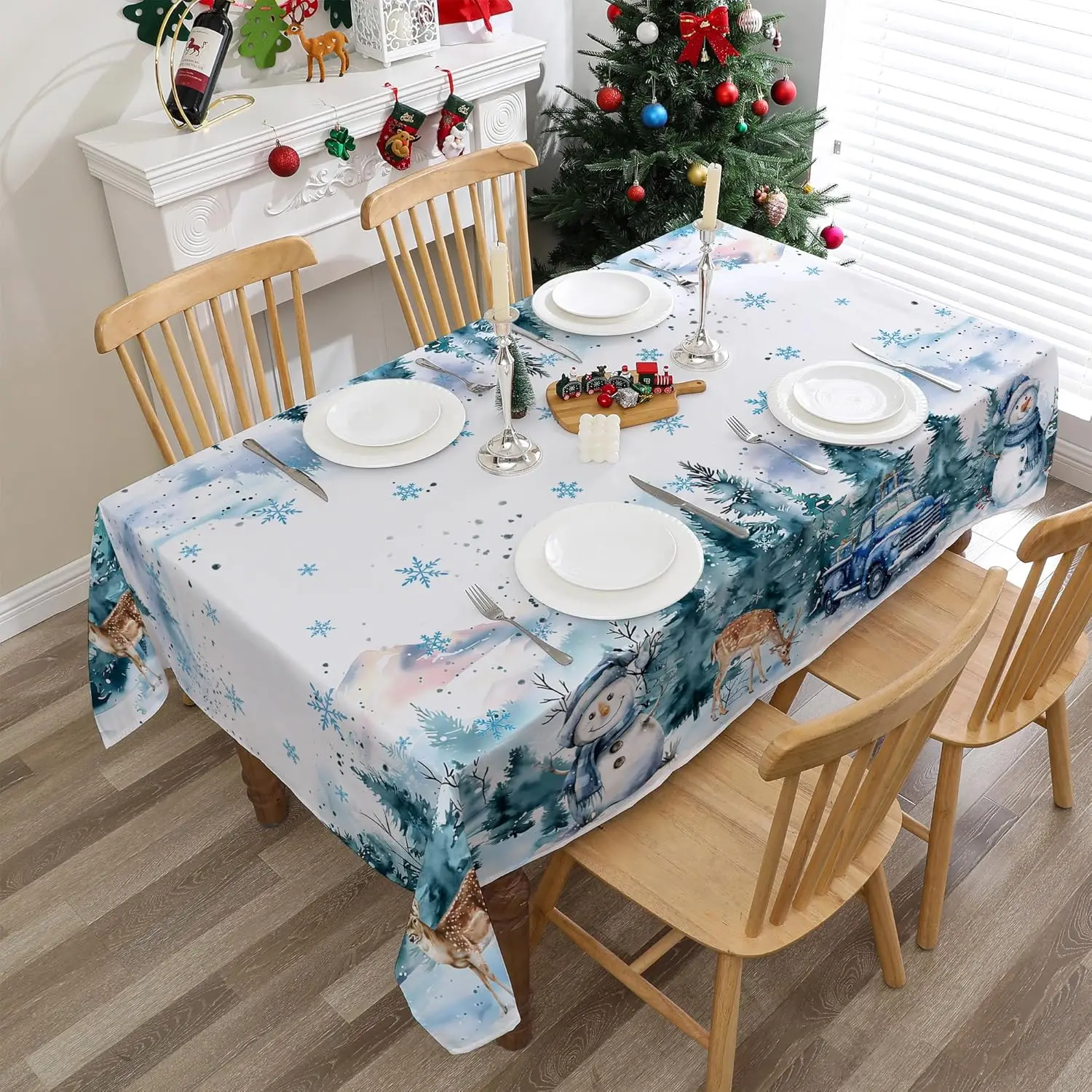 Christmas Tablecloth Rectangle - Winter Snowman and Truck Xmas Decorations for Home - Christmas Table Cloth - Winter Decor